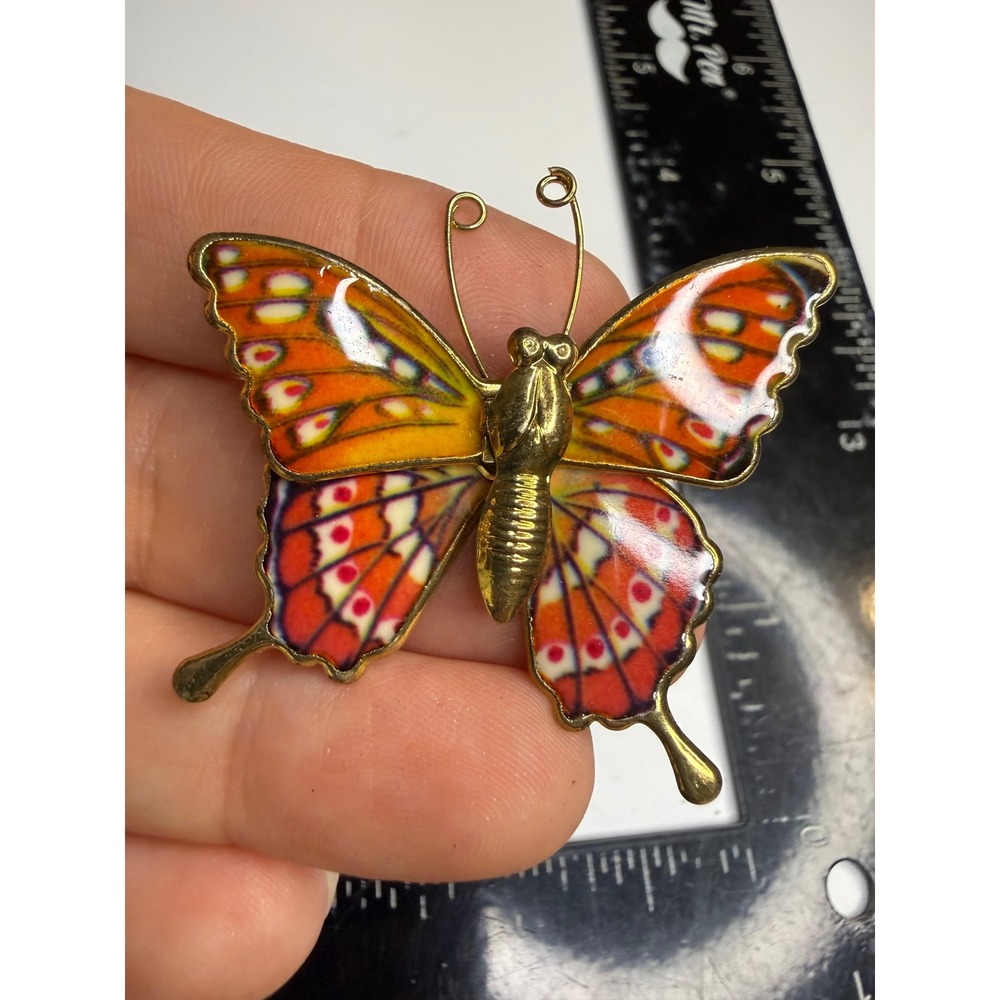 Vintage Butterfly Brooch Orange Red Enamel Gold Tone Insect Pin Accessory